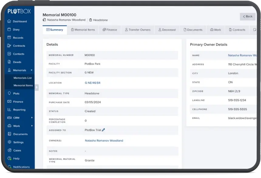 PlotBox Memorial Management - On Tablet 